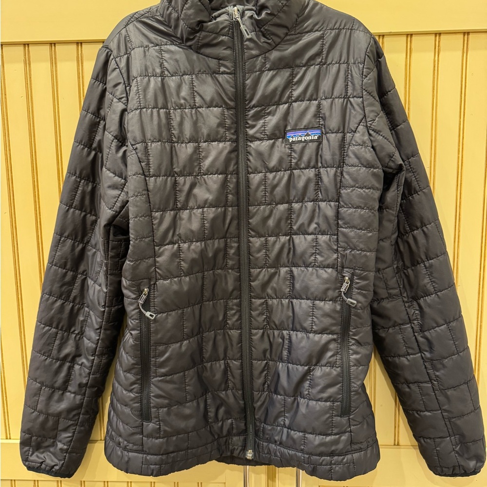 Patagonia Black Jacket with Blue, Purple, and Orange Logo